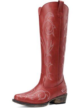Women's Red Rubber Cowgirl Knee High Pointed Toe Block Heel Embroiderd Boots